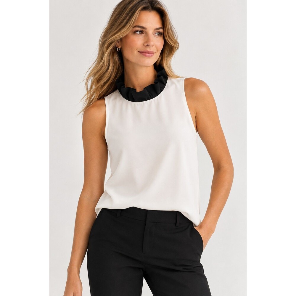 NWT J.Crew Ruffle Neck Top Size M White Black Crepe Sleeveless Blouse M0433 Work